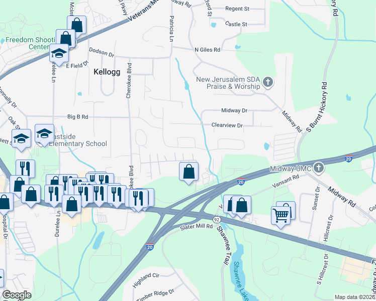 map of restaurants, bars, coffee shops, grocery stores, and more near 5451 Somer Mill Road in Douglasville