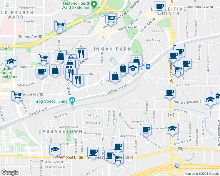 map of restaurants, bars, coffee shops, grocery stores, and more near 900 DeKalb Avenue Northeast in Atlanta