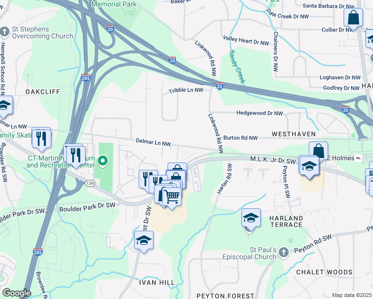 map of restaurants, bars, coffee shops, grocery stores, and more near 2980 Delmar Lane Northwest in Atlanta