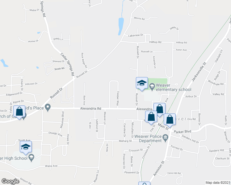 map of restaurants, bars, coffee shops, grocery stores, and more near 712 Timber Way in Weaver
