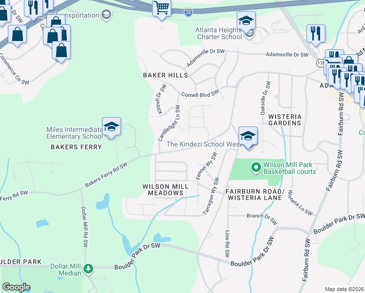 map of restaurants, bars, coffee shops, grocery stores, and more near 3996 Bakers Ferry Road Southwest in Atlanta