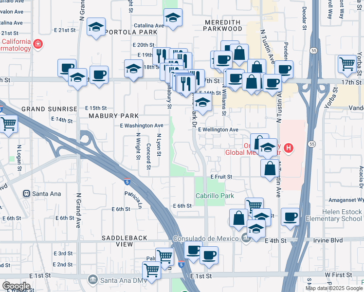 map of restaurants, bars, coffee shops, grocery stores, and more near Cabrillo Park Drive in Santa Ana
