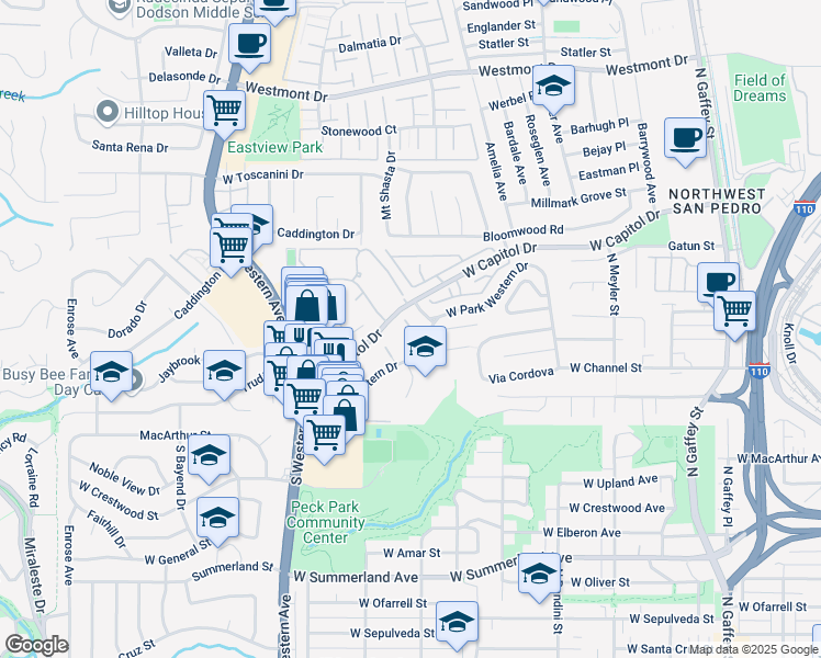 map of restaurants, bars, coffee shops, grocery stores, and more near 1248 West Park Western Drive in Los Angeles