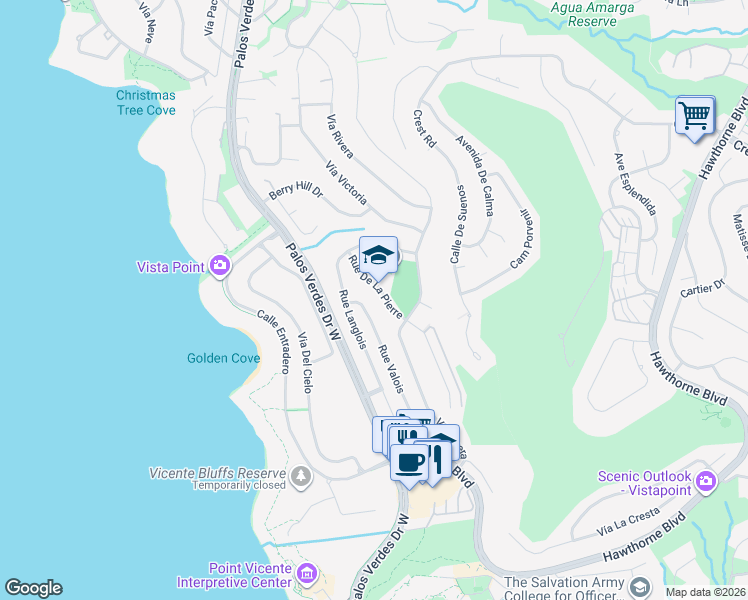 map of restaurants, bars, coffee shops, grocery stores, and more near 30605 Rue De La Pierre in Rancho Palos Verdes