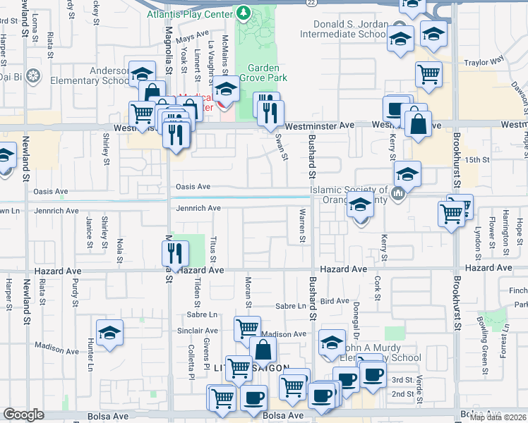 map of restaurants, bars, coffee shops, grocery stores, and more near 9362 McClure Avenue in Westminster
