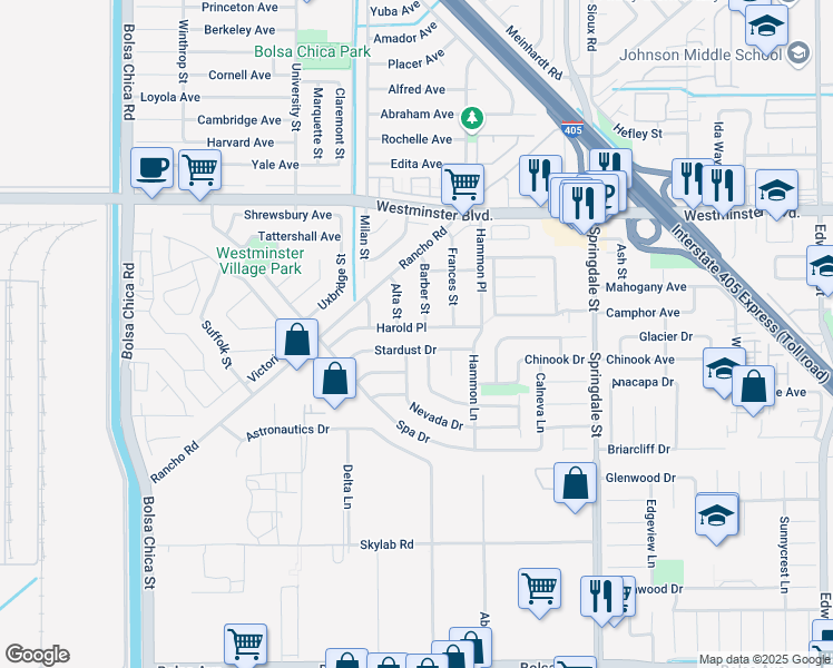 map of restaurants, bars, coffee shops, grocery stores, and more near 5562 Stardust Drive in Huntington Beach