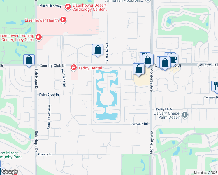 map of restaurants, bars, coffee shops, grocery stores, and more near 195 Desert Lakes Drive in Rancho Mirage