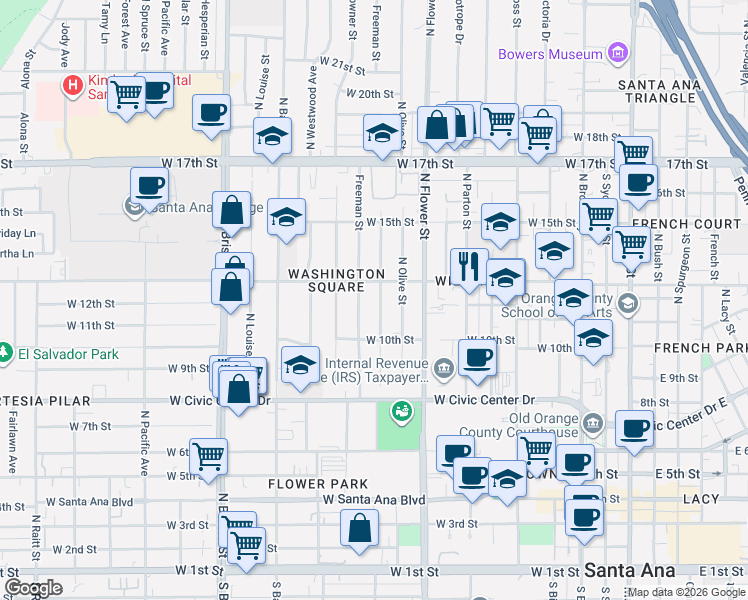 map of restaurants, bars, coffee shops, grocery stores, and more near 1112 North Lowell Street in Santa Ana