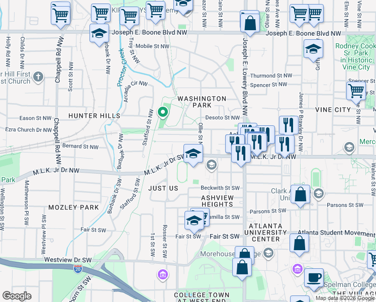 map of restaurants, bars, coffee shops, grocery stores, and more near 1069 Martin Luther King Junior Drive Northwest in Atlanta