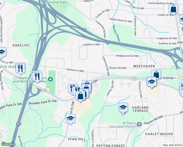 map of restaurants, bars, coffee shops, grocery stores, and more near 2980 Delmar Lane Northwest in Atlanta