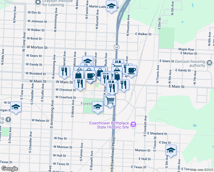 map of restaurants, bars, coffee shops, grocery stores, and more near 118 South Rusk Avenue in Denison