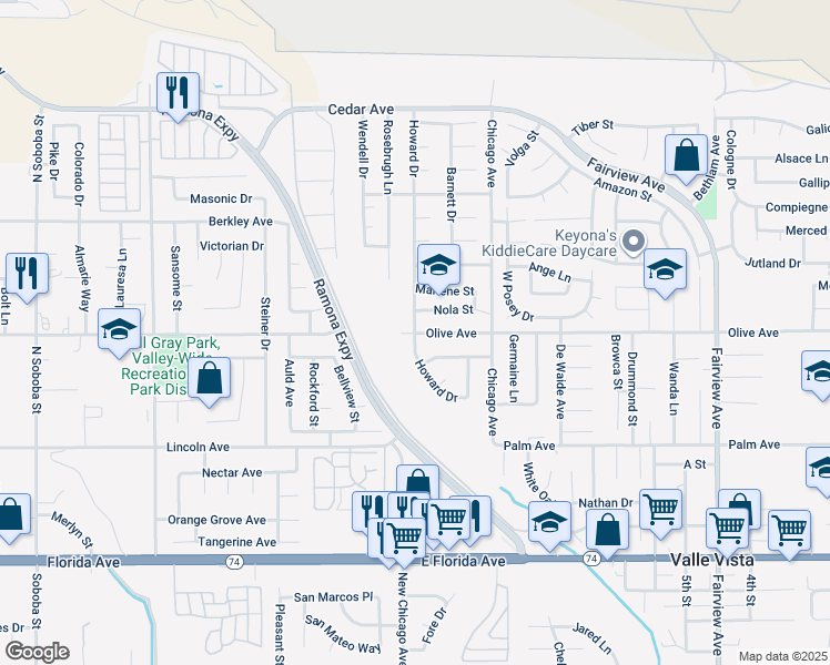 map of restaurants, bars, coffee shops, grocery stores, and more near 34530 Olive Avenue in Hemet