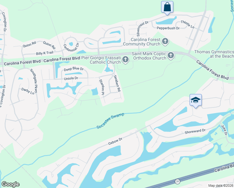 map of restaurants, bars, coffee shops, grocery stores, and more near 1217 Shoebridge Drive in Myrtle Beach