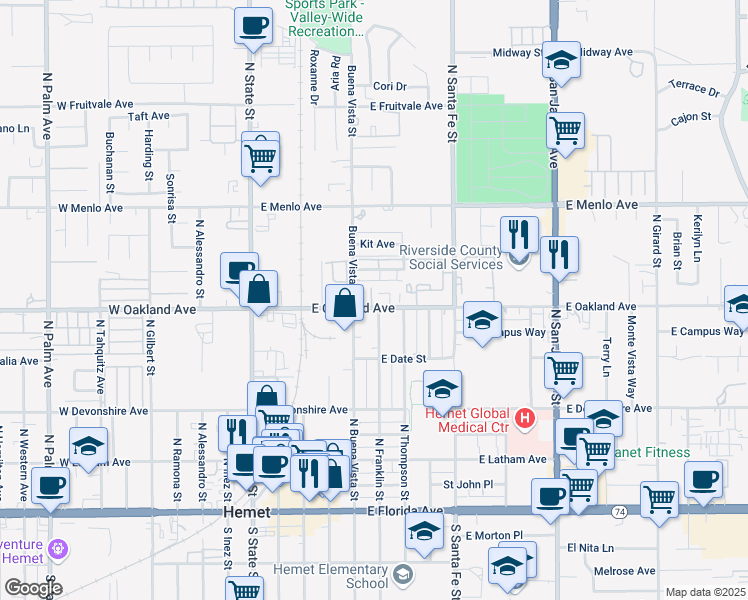 map of restaurants, bars, coffee shops, grocery stores, and more near 454 North Buena Vista Street in Hemet