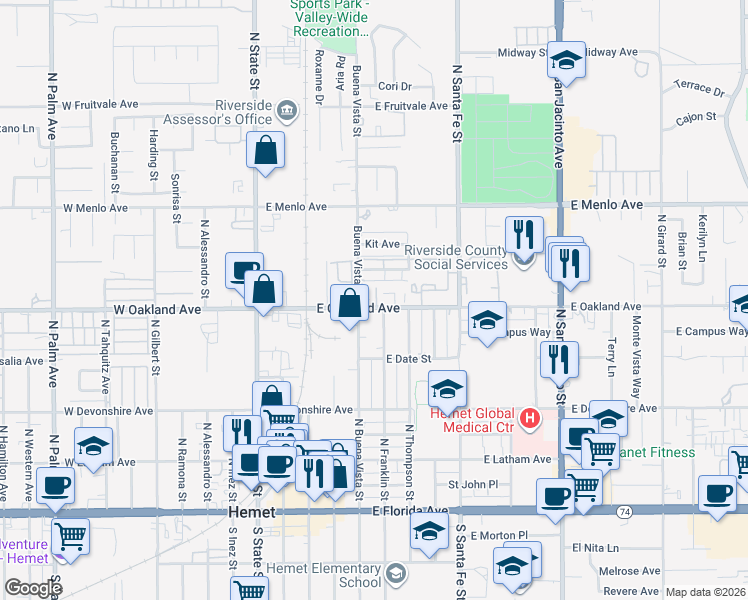 map of restaurants, bars, coffee shops, grocery stores, and more near 454 North Buena Vista Street in Hemet