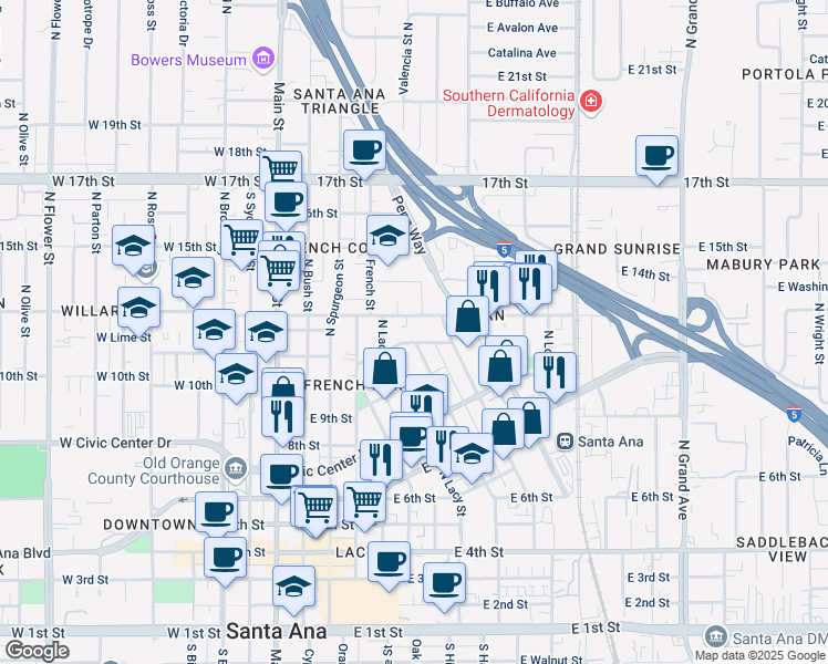 map of restaurants, bars, coffee shops, grocery stores, and more near 934 North Garfield Street in Santa Ana