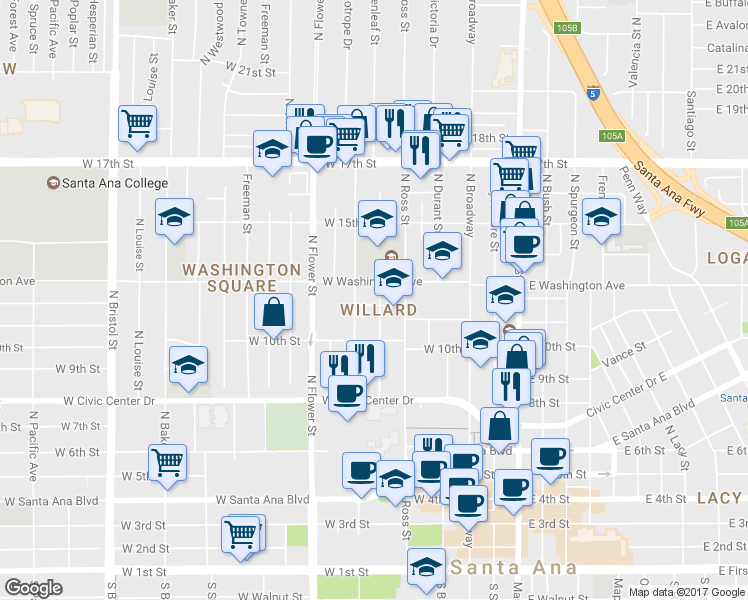 map of restaurants, bars, coffee shops, grocery stores, and more near 1019 North Parton Street in Santa Ana