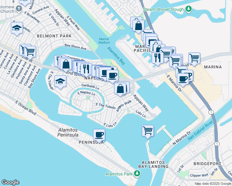 map of restaurants, bars, coffee shops, grocery stores, and more near 133 North Syracuse Walk in Long Beach