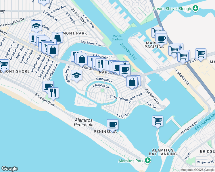 map of restaurants, bars, coffee shops, grocery stores, and more near 90 Corinthian Walk in Long Beach