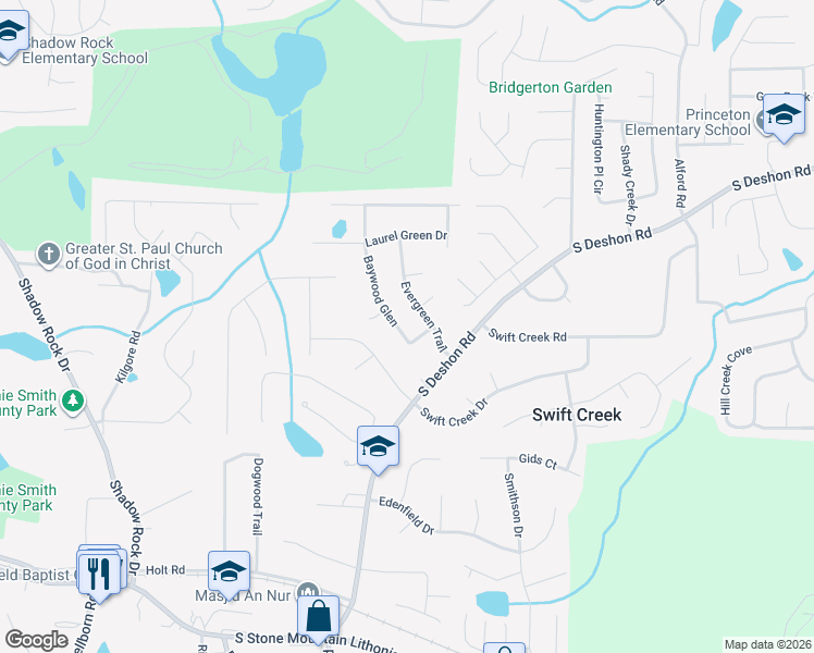 map of restaurants, bars, coffee shops, grocery stores, and more near 1317 Baywood Glen in Lithonia