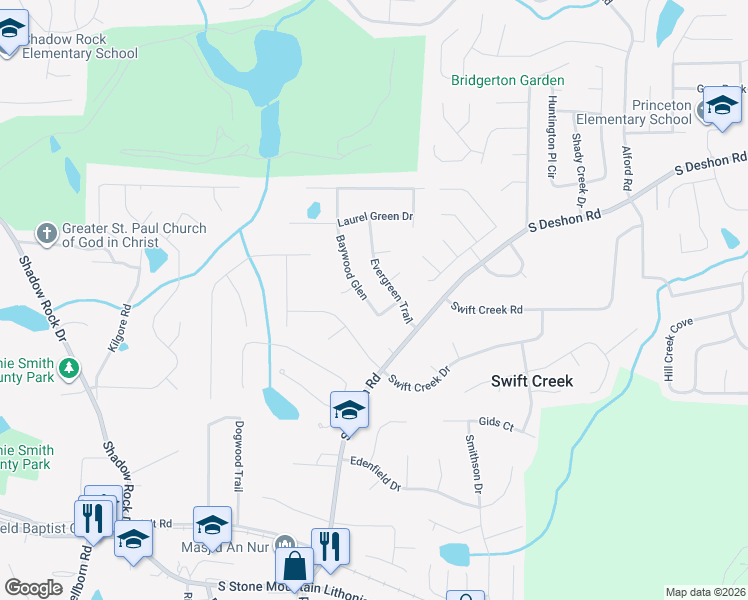 map of restaurants, bars, coffee shops, grocery stores, and more near 1304 Baywood Glen in Lithonia