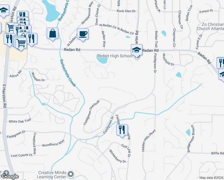 map of restaurants, bars, coffee shops, grocery stores, and more near 5075 Golfbrook Drive in Stone Mountain