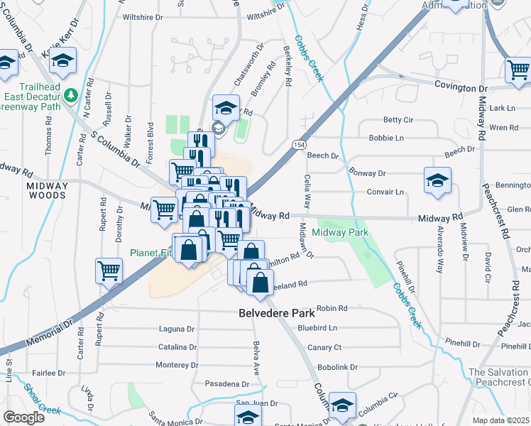 map of restaurants, bars, coffee shops, grocery stores, and more near 3073 Midway Road in Decatur