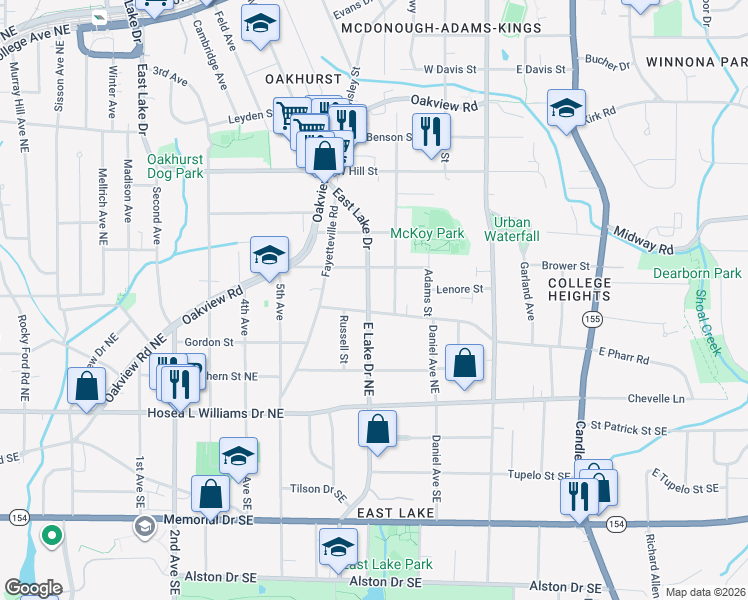 map of restaurants, bars, coffee shops, grocery stores, and more near 1028 East Lake Drive in Decatur