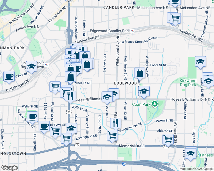 map of restaurants, bars, coffee shops, grocery stores, and more near 40 Leslie Street Southeast in Atlanta