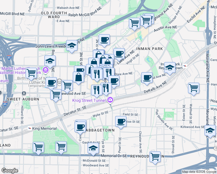 map of restaurants, bars, coffee shops, grocery stores, and more near 11 Skyline Way in Atlanta