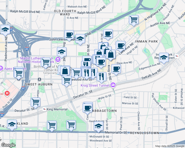 map of restaurants, bars, coffee shops, grocery stores, and more near in Atlanta