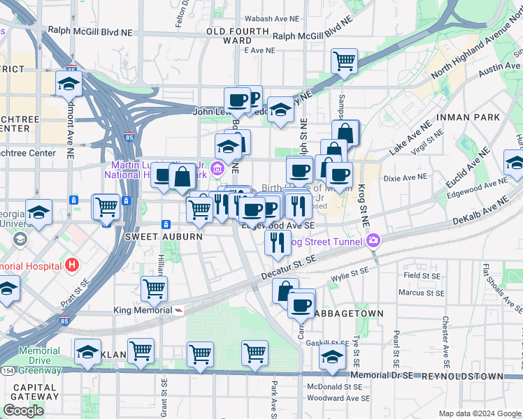 map of restaurants, bars, coffee shops, grocery stores, and more near in Atlanta