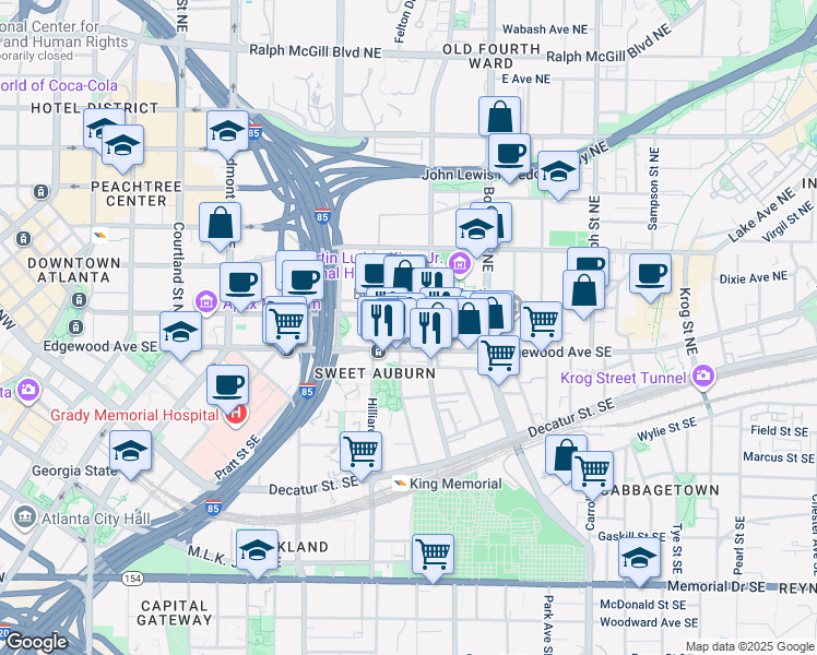 map of restaurants, bars, coffee shops, grocery stores, and more near 384 T Edgewood Avenue Southeast in Atlanta