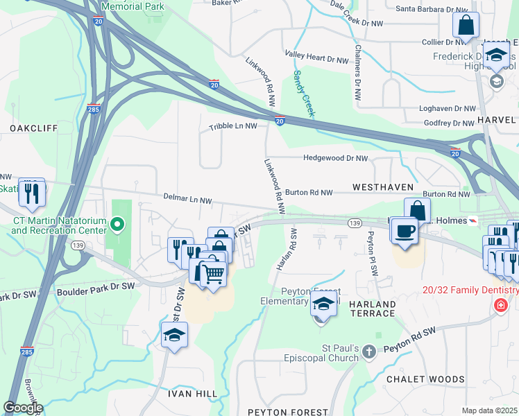 map of restaurants, bars, coffee shops, grocery stores, and more near 2931 Delmar Lane Northwest in Atlanta