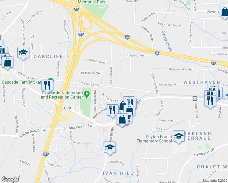 map of restaurants, bars, coffee shops, grocery stores, and more near 3133 Hickman Drive Northwest in Atlanta