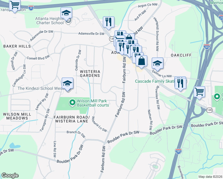 map of restaurants, bars, coffee shops, grocery stores, and more near 336 Howell Drive Southwest in Atlanta