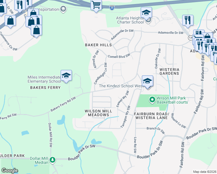 map of restaurants, bars, coffee shops, grocery stores, and more near 3996 Bakers Ferry Road Southwest in Atlanta