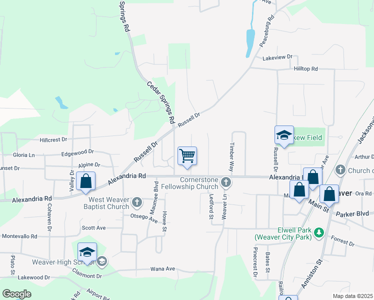 map of restaurants, bars, coffee shops, grocery stores, and more near 712 Bain Avenue in Weaver
