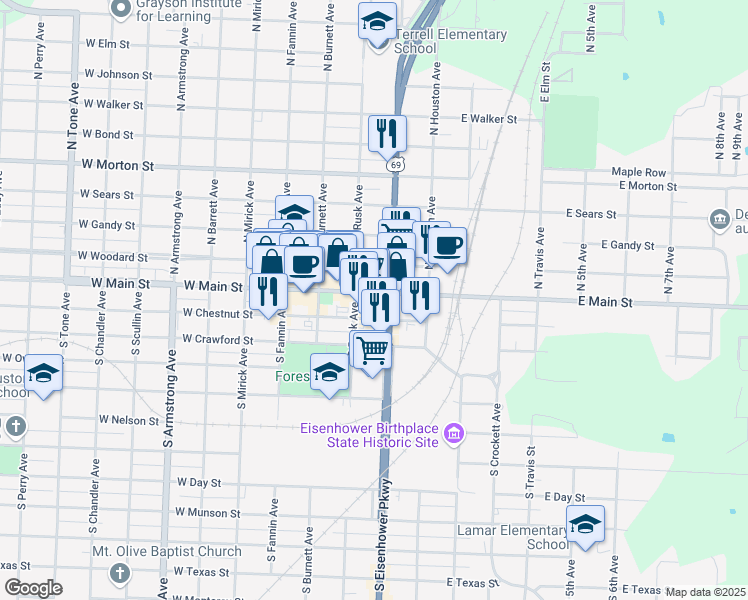 map of restaurants, bars, coffee shops, grocery stores, and more near 121 South Austin Avenue in Denison