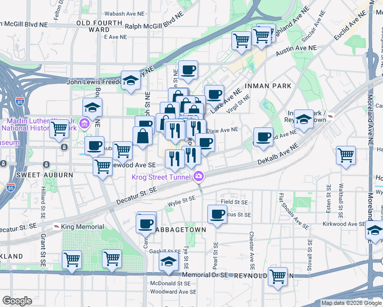 map of restaurants, bars, coffee shops, grocery stores, and more near 11 Skyline Way in Atlanta