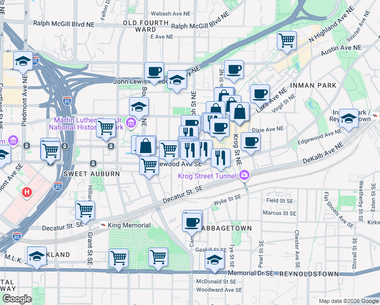 map of restaurants, bars, coffee shops, grocery stores, and more near in Atlanta