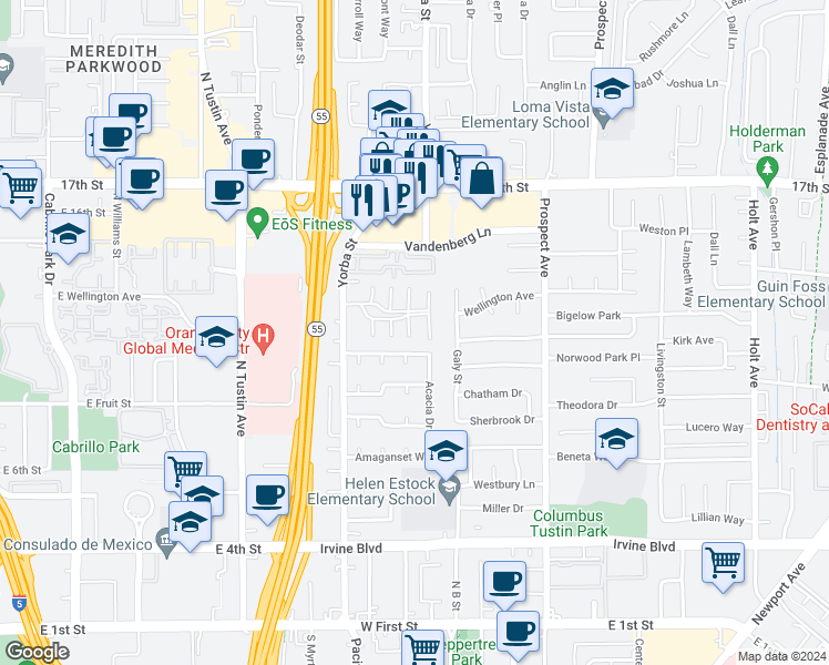 map of restaurants, bars, coffee shops, grocery stores, and more near 14312 Willow Lane in Tustin
