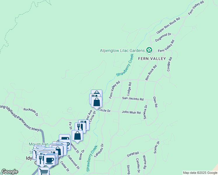 map of restaurants, bars, coffee shops, grocery stores, and more near 25395 Fern Valley Road in Idyllwild-Pine Cove