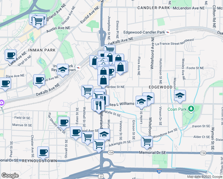 map of restaurants, bars, coffee shops, grocery stores, and more near 31 Screven Street Northeast in Atlanta