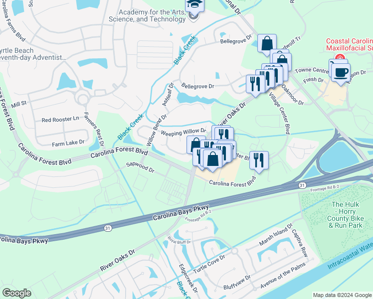 map of restaurants, bars, coffee shops, grocery stores, and more near 436 Emerson Drive in Myrtle Beach