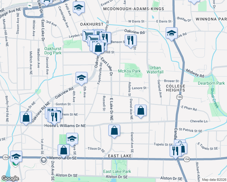 map of restaurants, bars, coffee shops, grocery stores, and more near 1028 East Lake Drive in Decatur