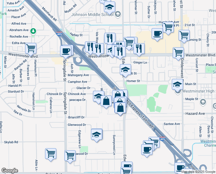 map of restaurants, bars, coffee shops, grocery stores, and more near 6311 Willow Circle in Westminster