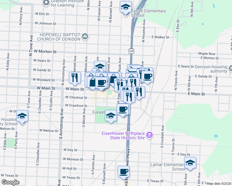 map of restaurants, bars, coffee shops, grocery stores, and more near 118 South Rusk Avenue in Denison
