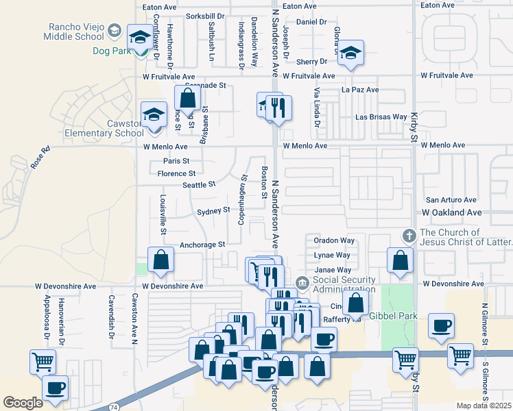 map of restaurants, bars, coffee shops, grocery stores, and more near 3400 Sydney Street in Hemet