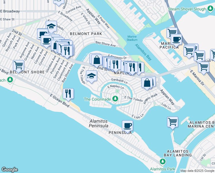 map of restaurants, bars, coffee shops, grocery stores, and more near 50 Rivo Alto Canal in Long Beach
